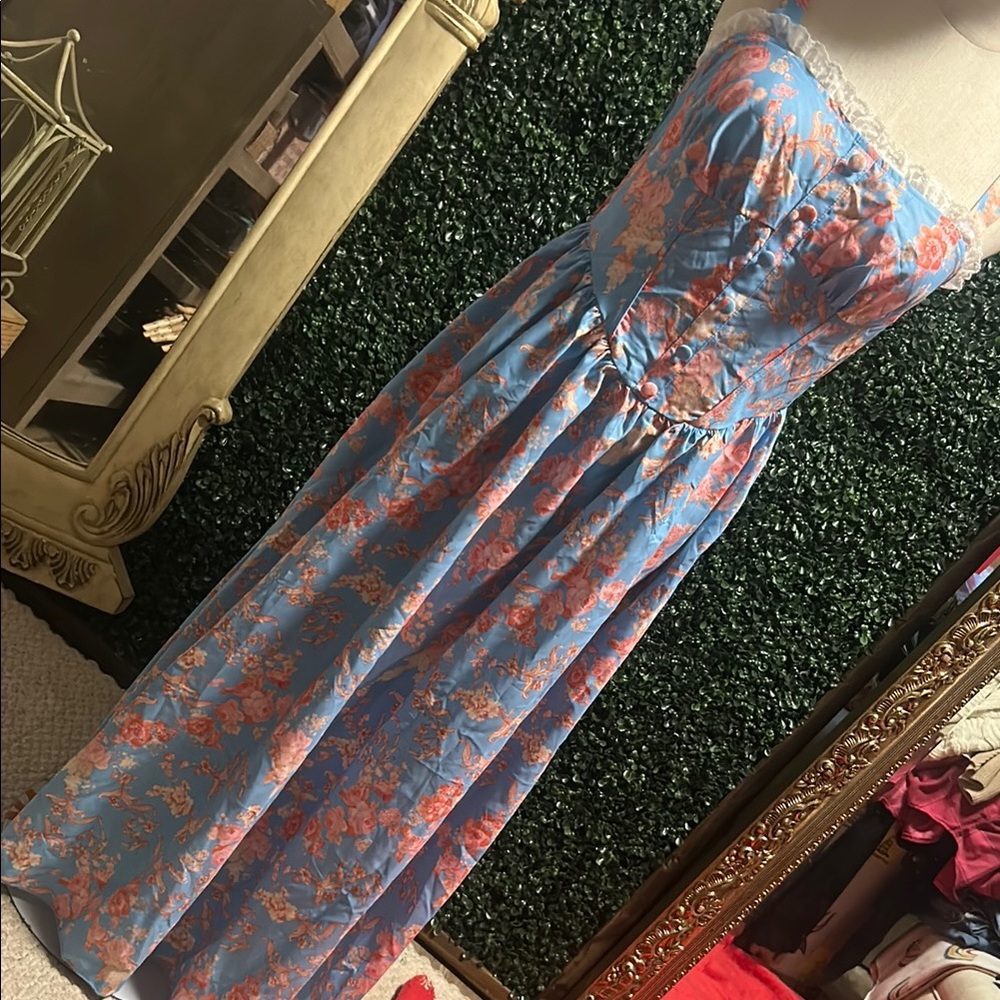 Floral Blue and Pink Strapless Dress